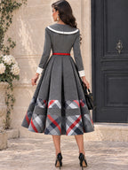 Vintage Plaid Hem Belted Pleated Midi Dress