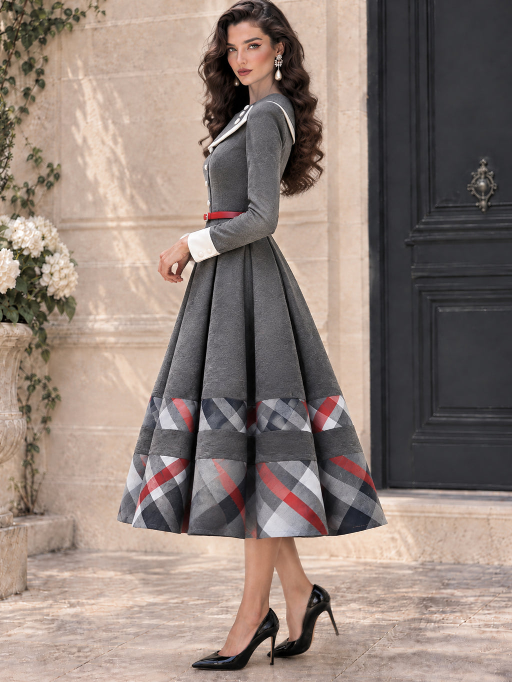 Vintage Plaid Hem Belted Pleated Midi Dress