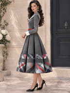 Vintage Plaid Hem Belted Pleated Midi Dress