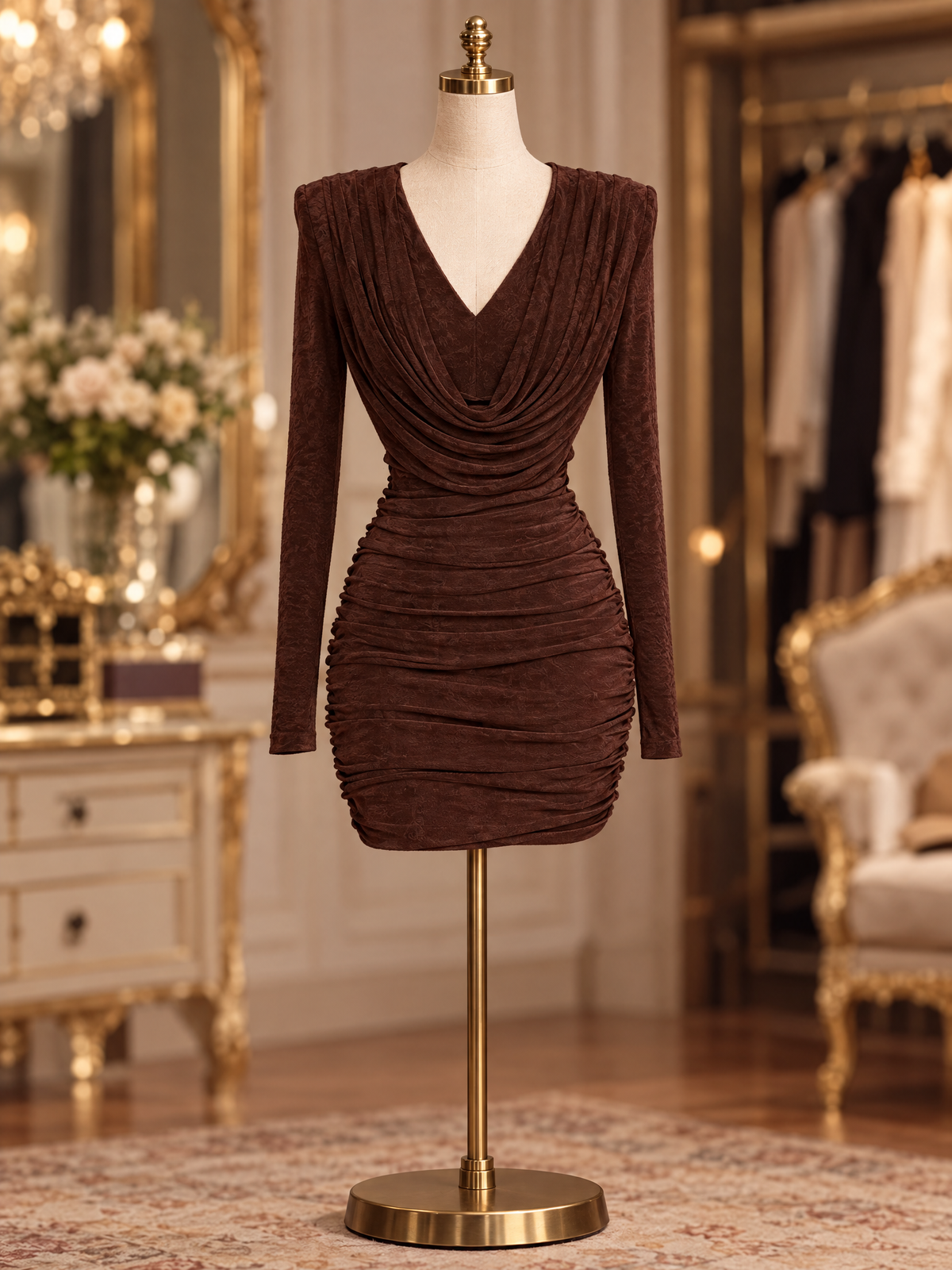 Vintage Cowl Neck Velvet Long Sleeve Ruched Bodycon Mini Dress