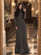 Vintage Mock Neck Button Placket Ruched Waist Flowy Maxi Dress