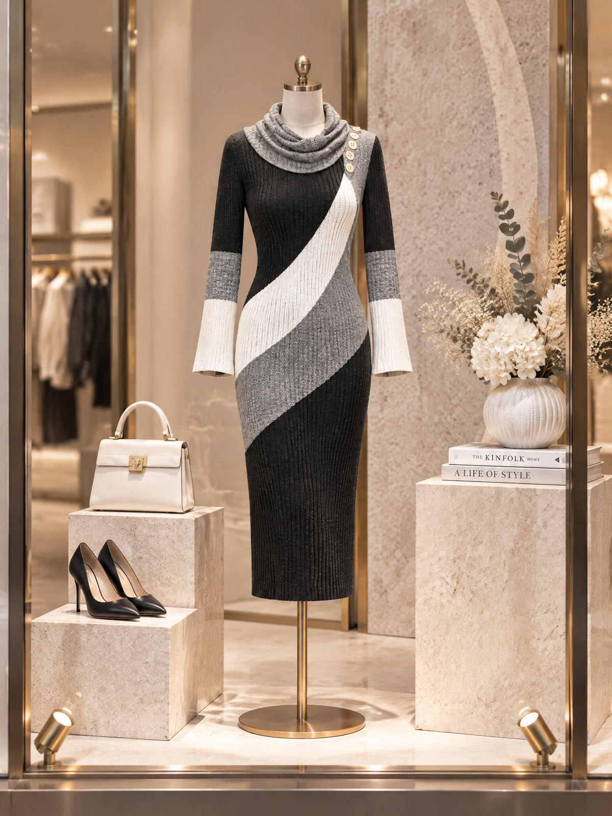 Vintage Cowl-Neck Colorblock Ribbed Knit Midi Dress