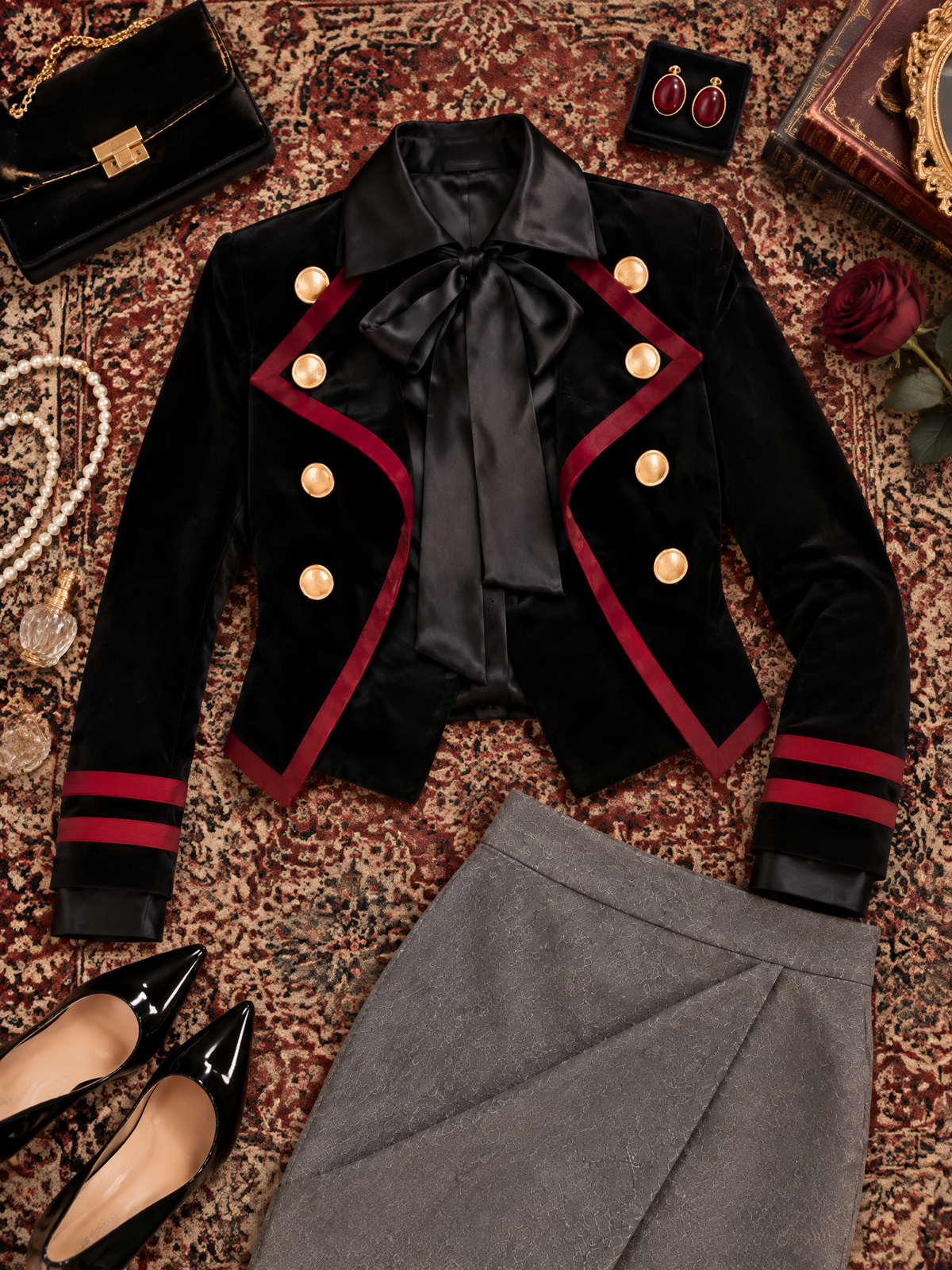 Vintage Military Black Velvet Cropped Jacket