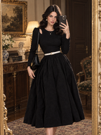 Vintage Knit Top Woven Bottom Cutout Belted Flared Midi Dress