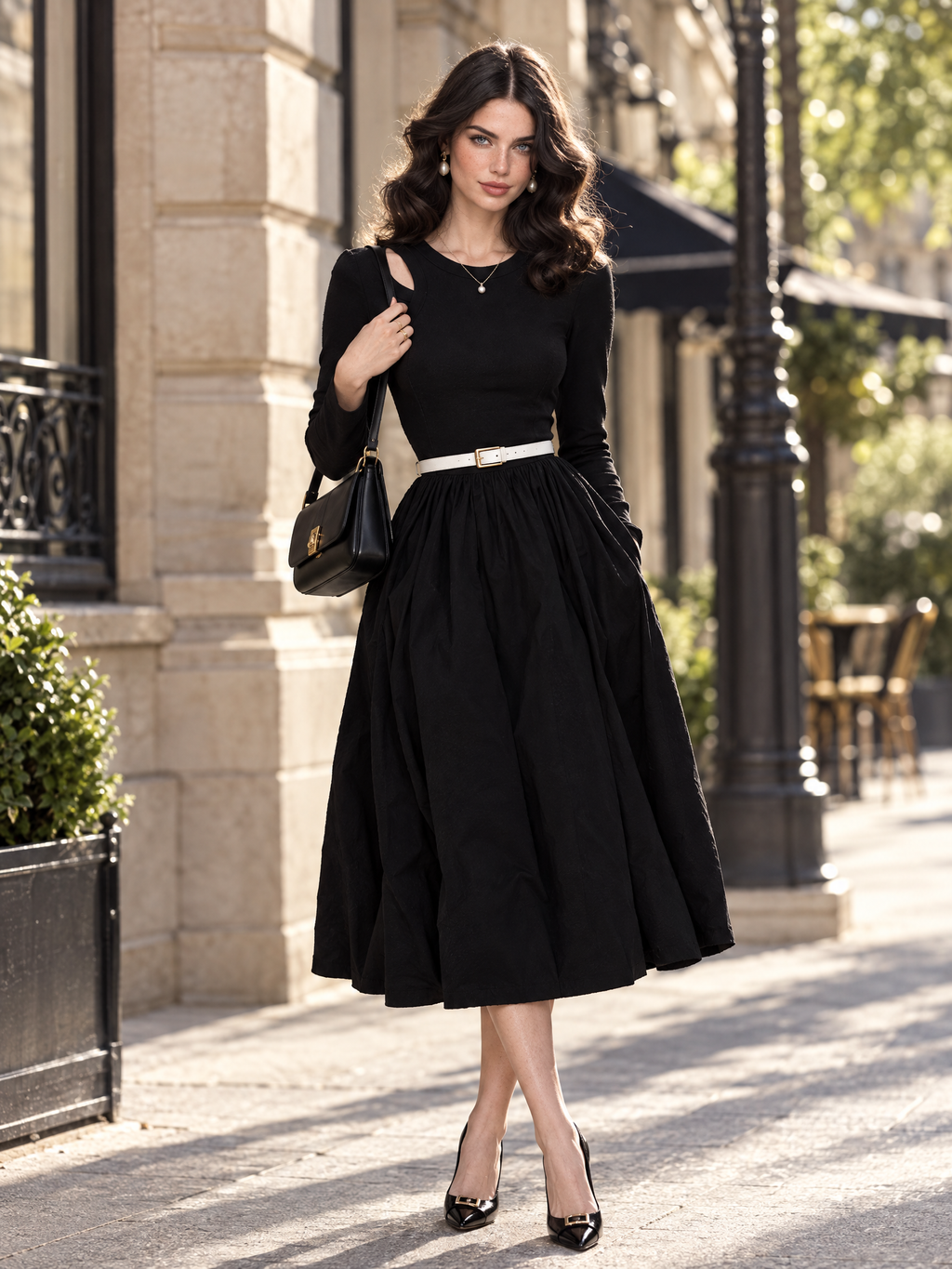 Vintage Knit Top Woven Bottom Cutout Belted Flared Midi Dress