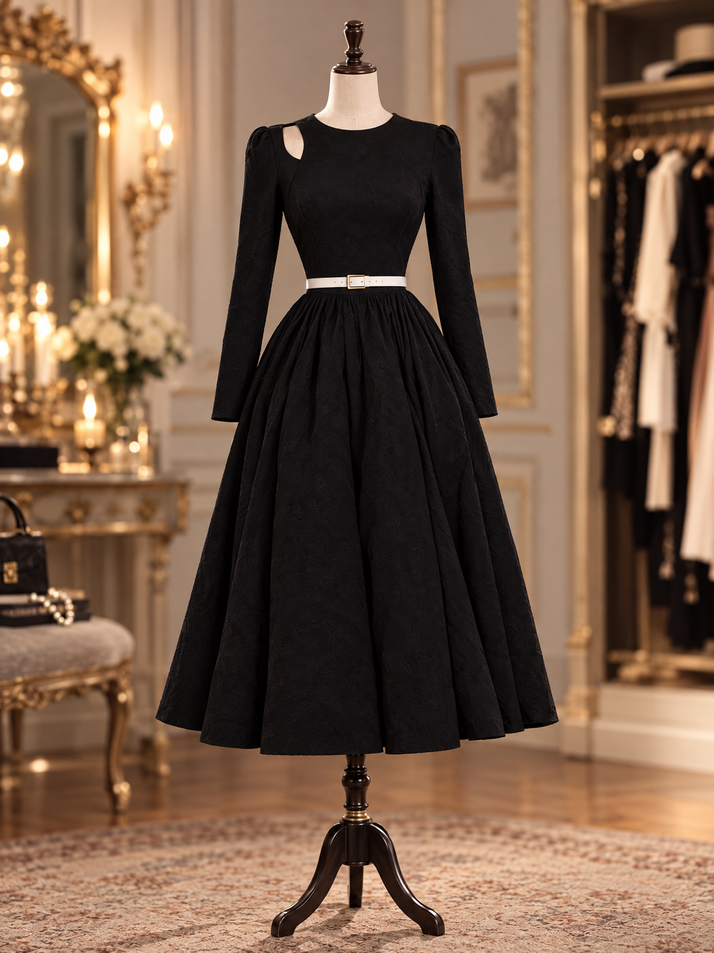 Vintage Knit Top Woven Bottom Cutout Belted Flared Midi Dress