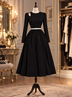 Vintage Knit Top Woven Bottom Cutout Belted Flared Midi Dress