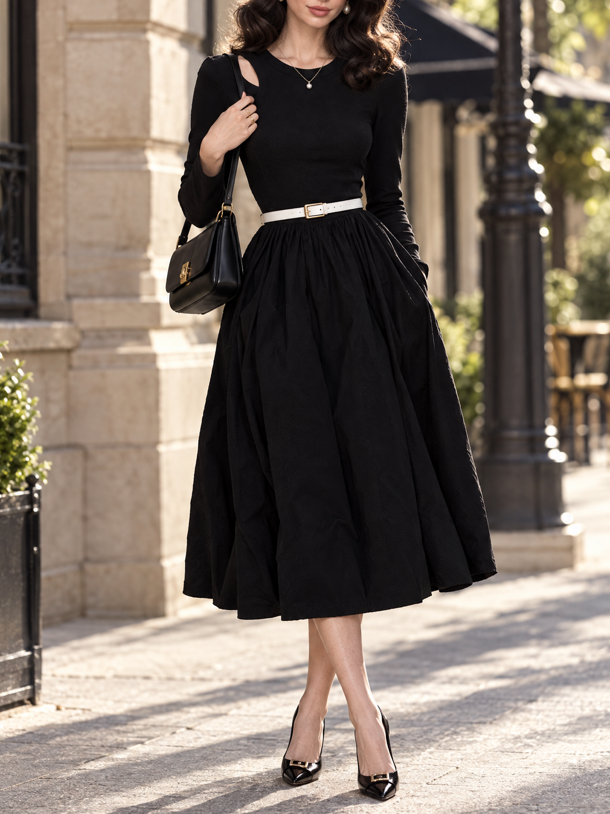 Vintage Knit Top Woven Bottom Cutout Belted Flared Midi Dress