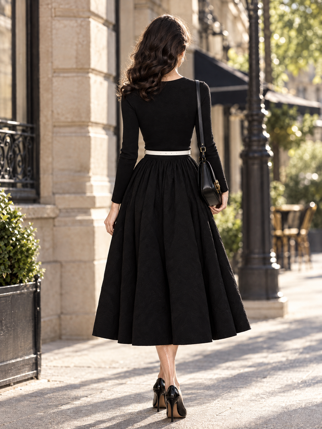Vintage Knit Top Woven Bottom Cutout Belted Flared Midi Dress