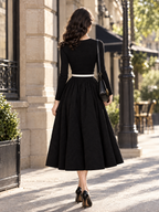 Vintage Knit Top Woven Bottom Cutout Belted Flared Midi Dress