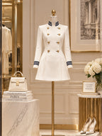 Vintage Striped-Trim Gold-Button Military Mini Dress