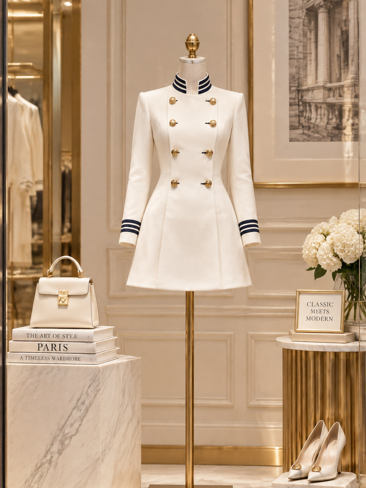 Vintage Striped-Trim Gold-Button Military Mini Dress
