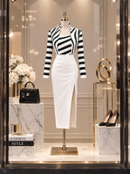 Vintage Striped Stand-Collar Split Pencil Midi Dress