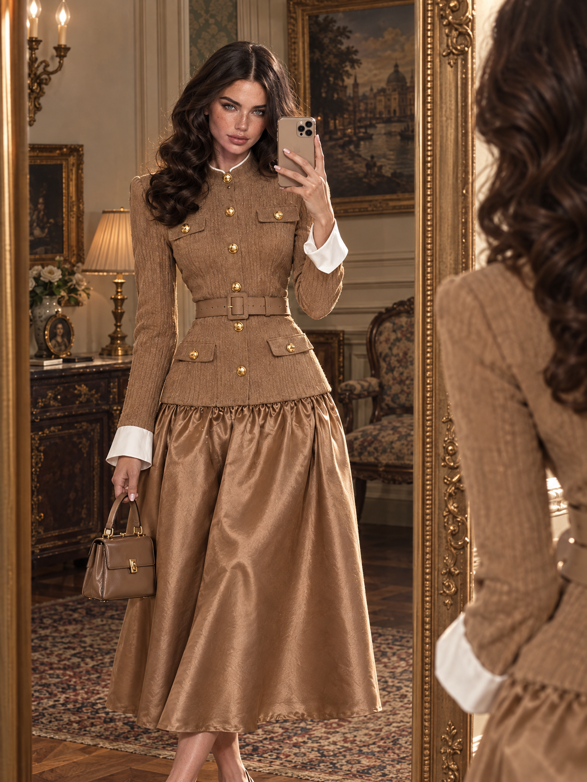 Vintage Stand Collar Gold Button Waist Fitted Patchwork Midi Dress