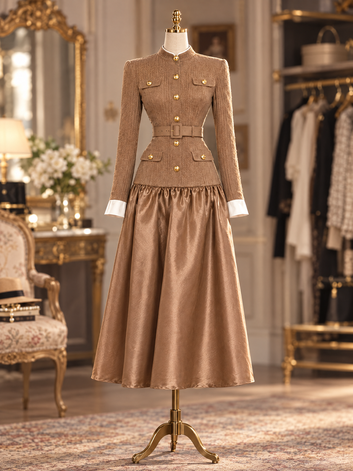 Vintage Stand Collar Gold Button Waist Fitted Patchwork Midi Dress