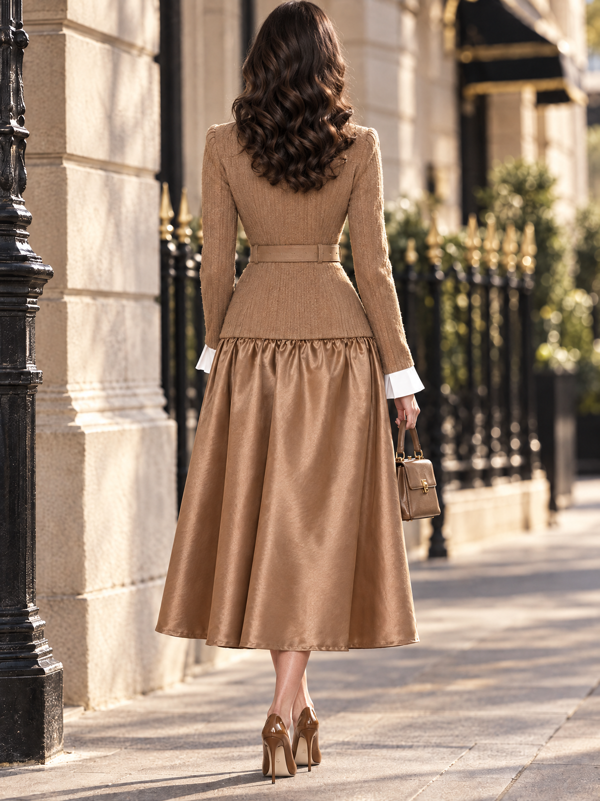 Vintage Stand Collar Gold Button Waist Fitted Patchwork Midi Dress