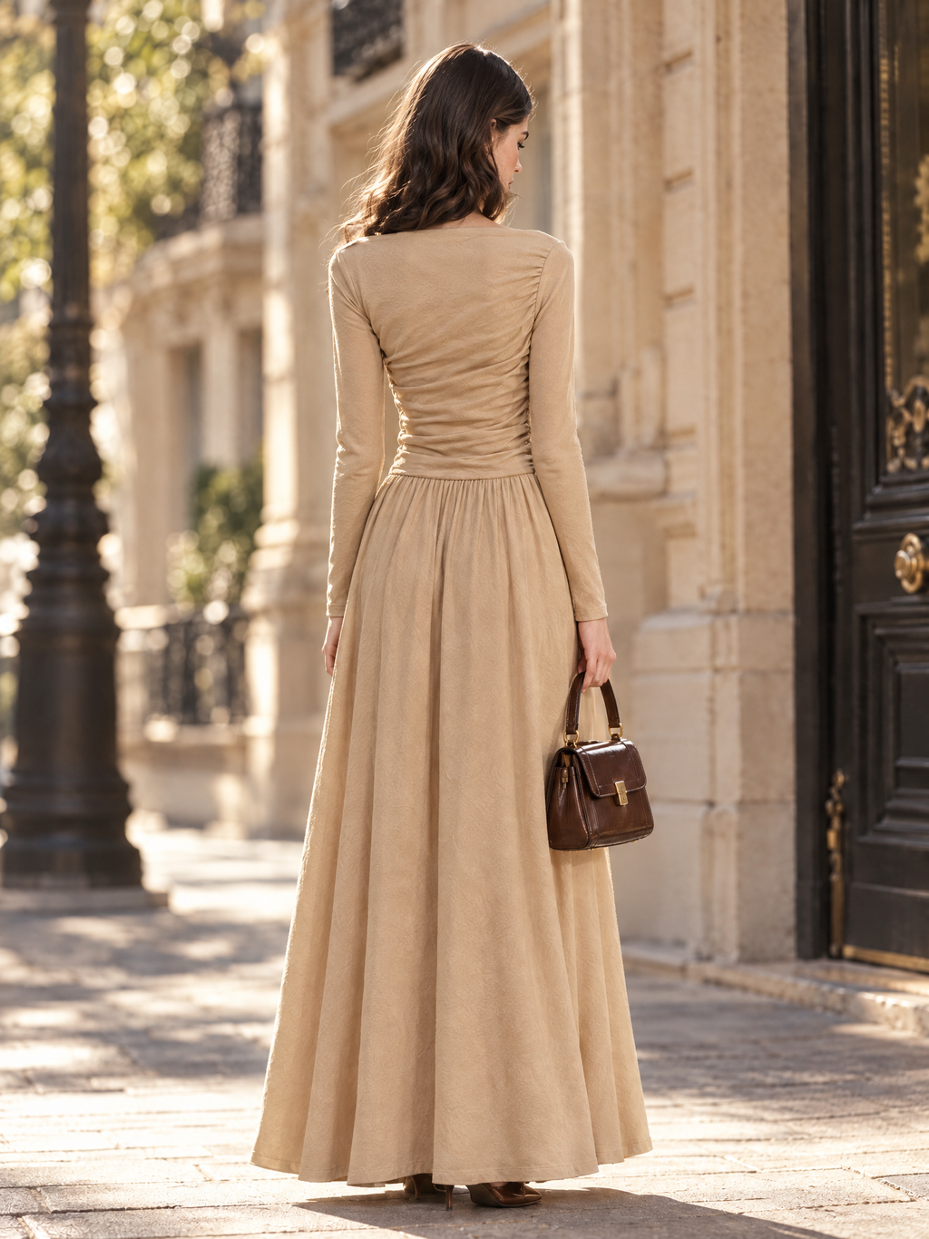 Vintage French Off-the-Shoulder Ruched Waist Long Sleeve Knit Flowy Maxi Dress