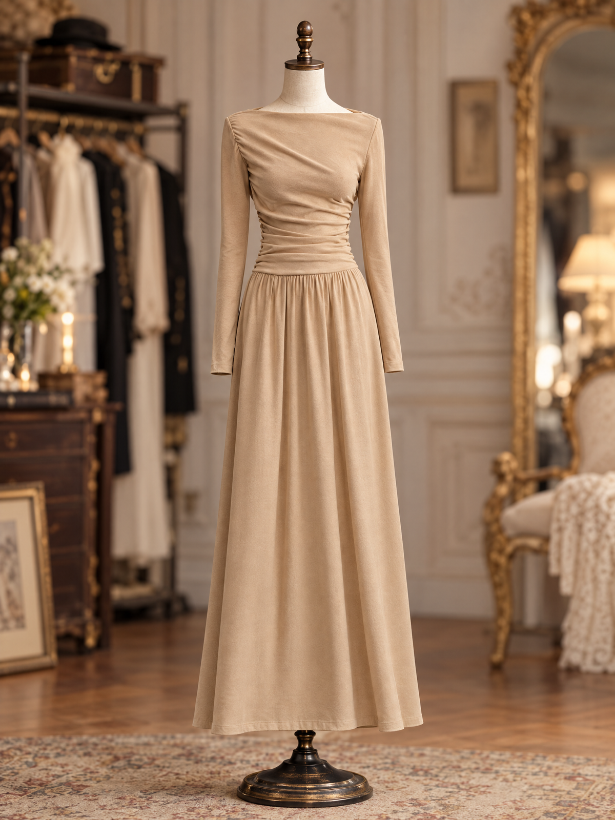 Vintage French Off-the-Shoulder Ruched Waist Long Sleeve Knit Flowy Maxi Dress