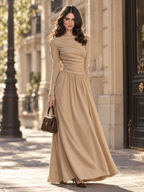 Vintage French Off-the-Shoulder Ruched Waist Long Sleeve Knit Flowy Maxi Dress