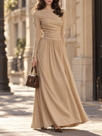 Vintage French Off-the-Shoulder Ruched Waist Long Sleeve Knit Flowy Maxi Dress