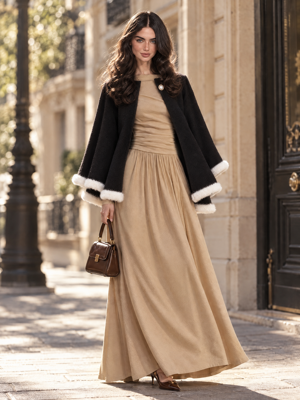 Vintage French Off-the-Shoulder Ruched Waist Long Sleeve Knit Flowy Maxi Dress