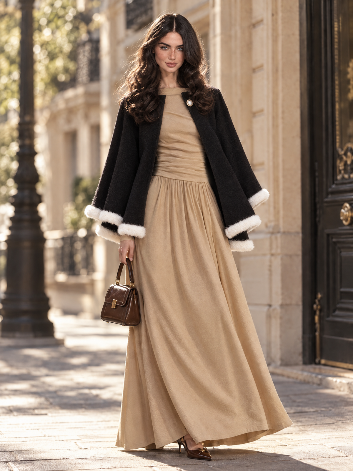 Vintage French Off-the-Shoulder Ruched Waist Long Sleeve Knit Flowy Maxi Dress