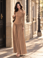 Vintage One Shoulder Bow Ruched Waist Long Sleeve Maxi Dress
