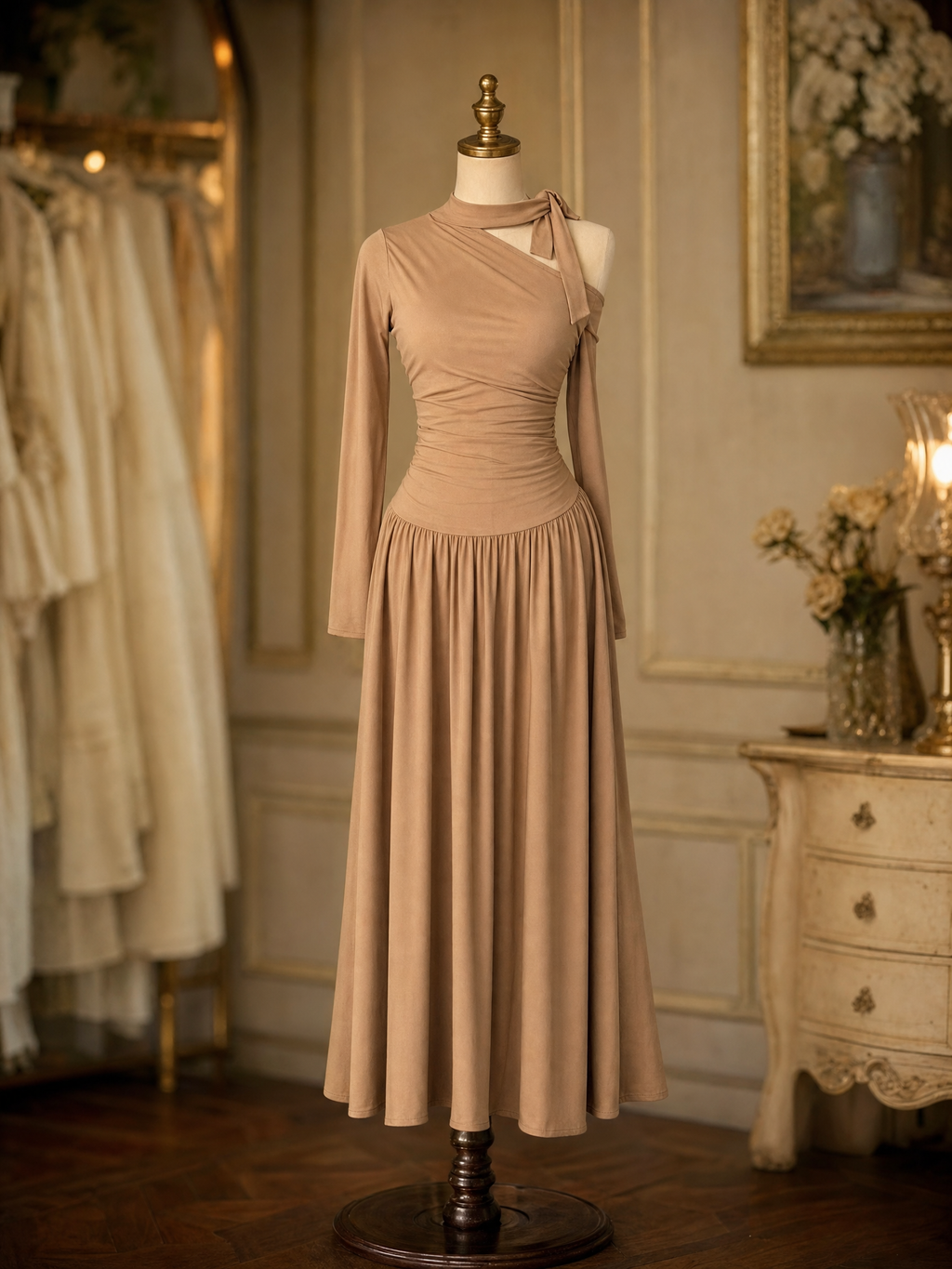Vintage One Shoulder Bow Ruched Waist Long Sleeve Maxi Dress
