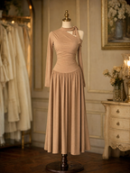 Vintage One Shoulder Bow Ruched Waist Long Sleeve Maxi Dress