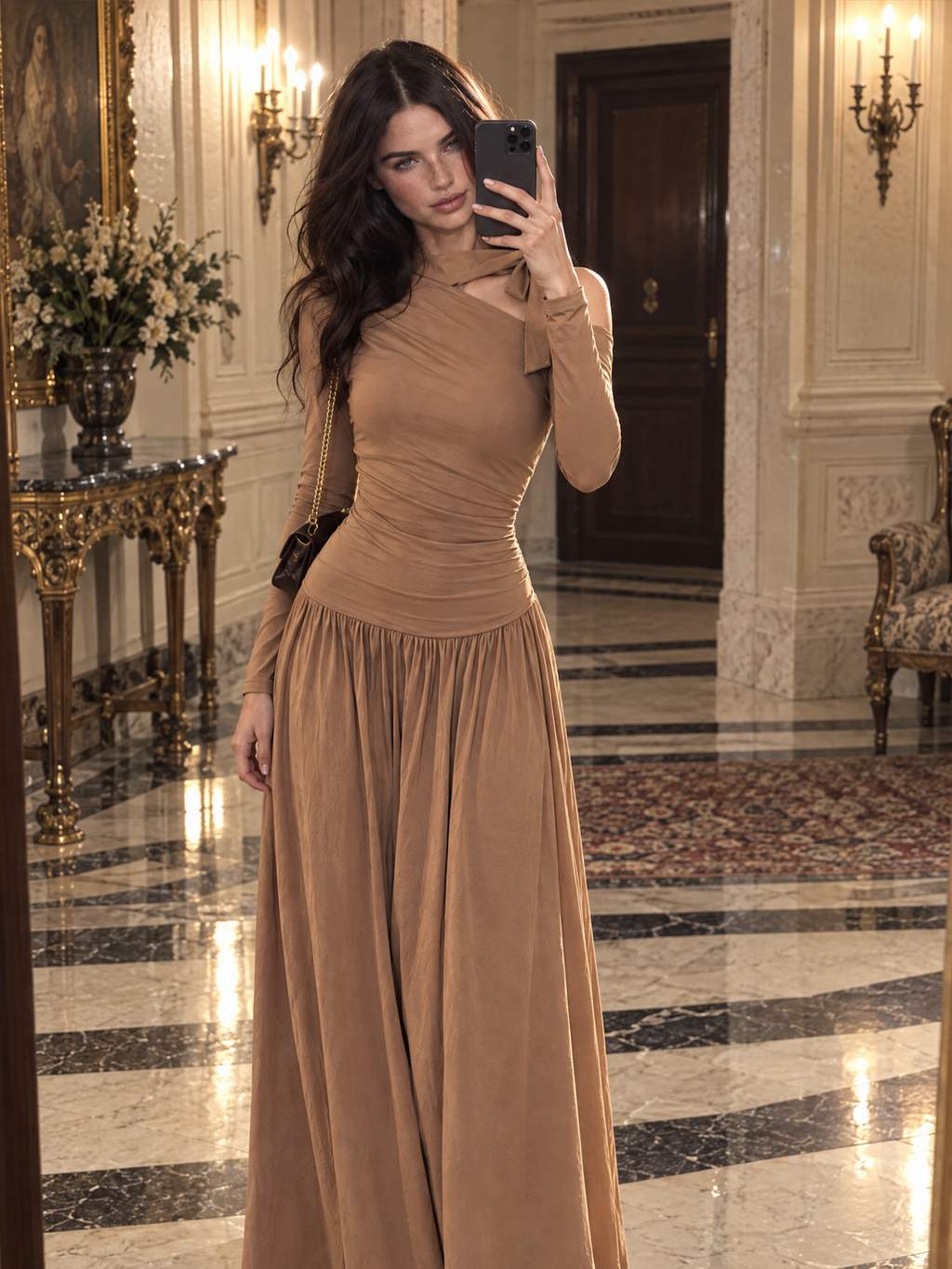 Vintage One Shoulder Bow Ruched Waist Long Sleeve Maxi Dress
