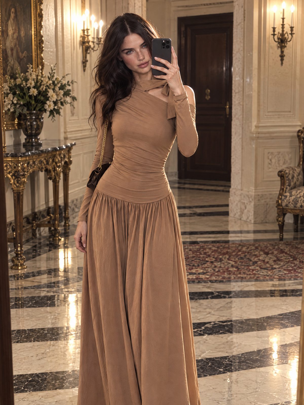 Vintage One Shoulder Bow Ruched Waist Long Sleeve Maxi Dress