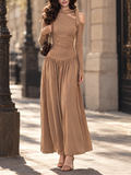 Vintage One Shoulder Bow Ruched Waist Long Sleeve Maxi Dress