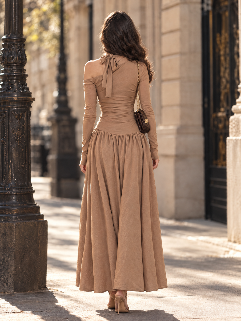 Vintage One Shoulder Bow Ruched Waist Long Sleeve Maxi Dress