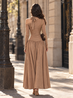 Vintage One Shoulder Bow Ruched Waist Long Sleeve Maxi Dress