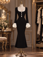 Vintage Square Neck Lace Cuff Beaded Fitted Midi Dress