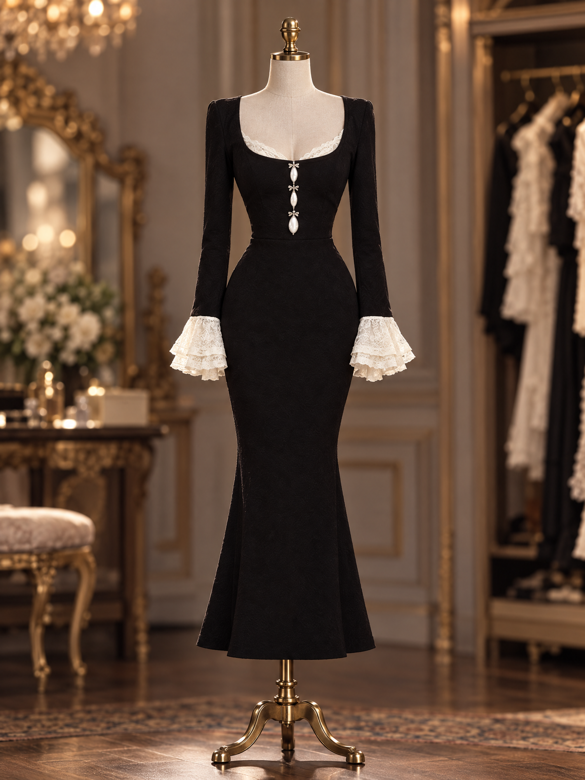 Vintage Square Neck Lace Cuff Beaded Fitted Midi Dress