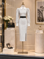 Vintage Pinstripe Belted Puff-Sleeve Dress With Belt