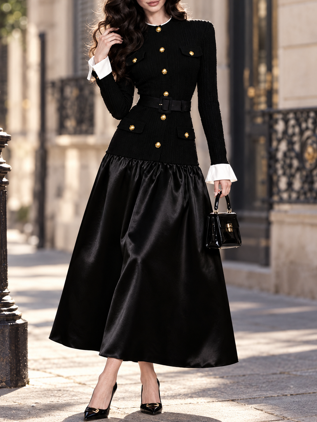 Vintage Stand Collar Gold Button Waist Fitted Patchwork Midi Dress