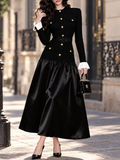 Vintage Stand Collar Gold Button Waist Fitted Patchwork Midi Dress