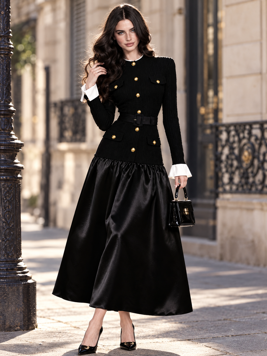 Vintage Stand Collar Gold Button Waist Fitted Patchwork Midi Dress
