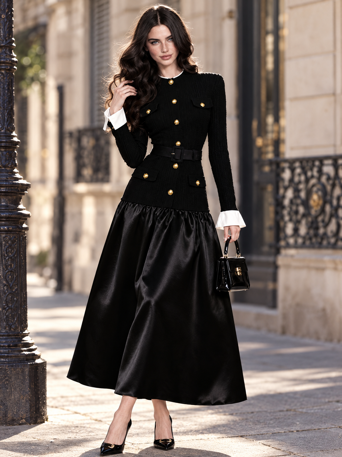 Vintage Stand Collar Gold Button Waist Fitted Patchwork Midi Dress