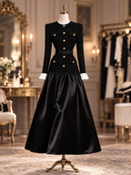 Vintage Stand Collar Gold Button Waist Fitted Patchwork Midi Dress