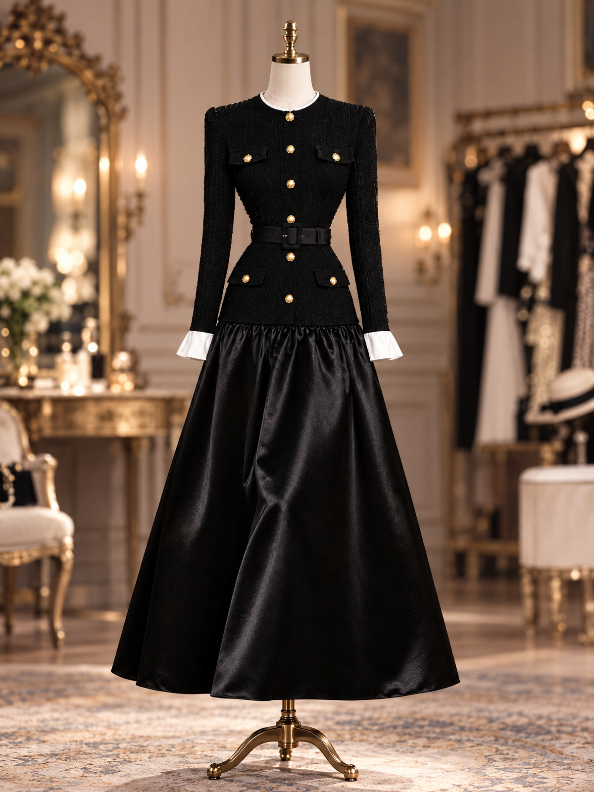 Vintage Stand Collar Gold Button Waist Fitted Patchwork Midi Dress
