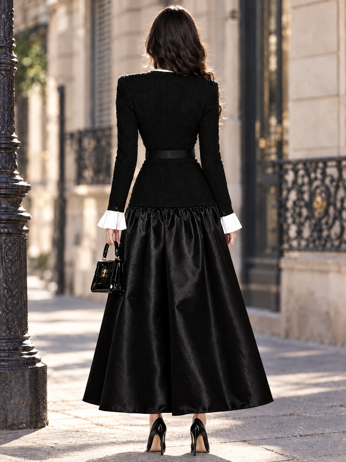 Vintage Stand Collar Gold Button Waist Fitted Patchwork Midi Dress