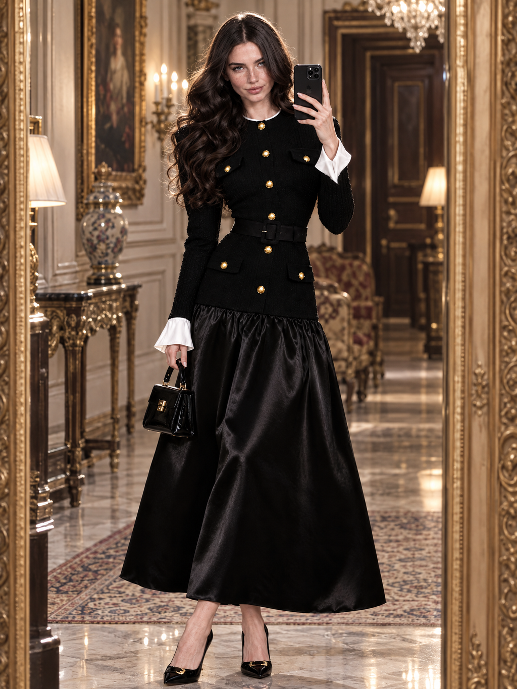 Vintage Stand Collar Gold Button Waist Fitted Patchwork Midi Dress