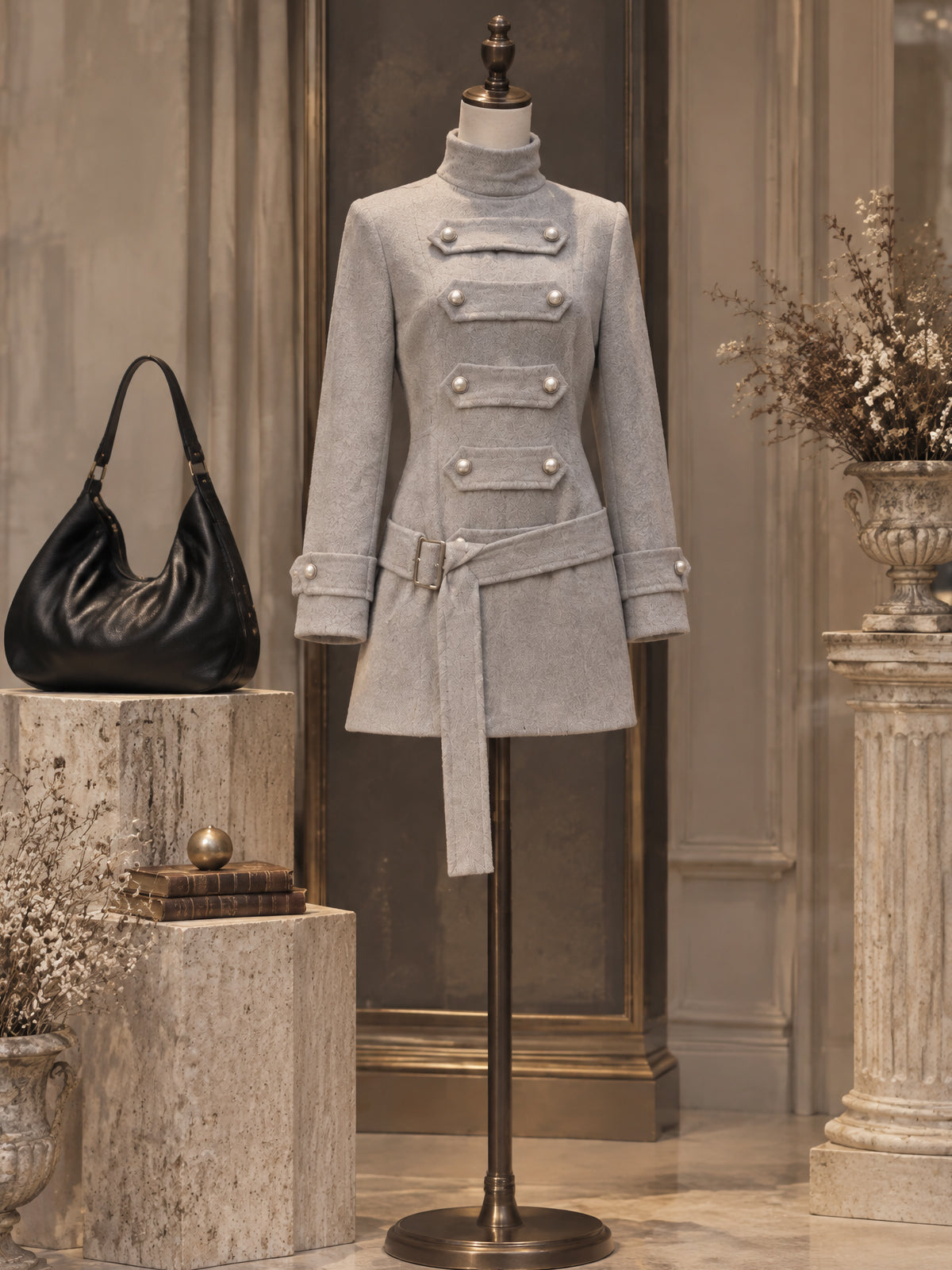 Vintage Pearl-Button Belted Military Mini Dress
