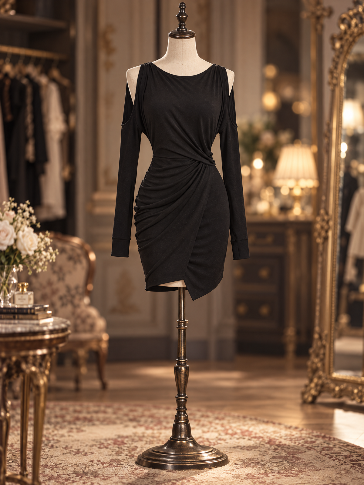 Vintage Crew Neck Off Shoulder Slim Waist Design Mini Dress