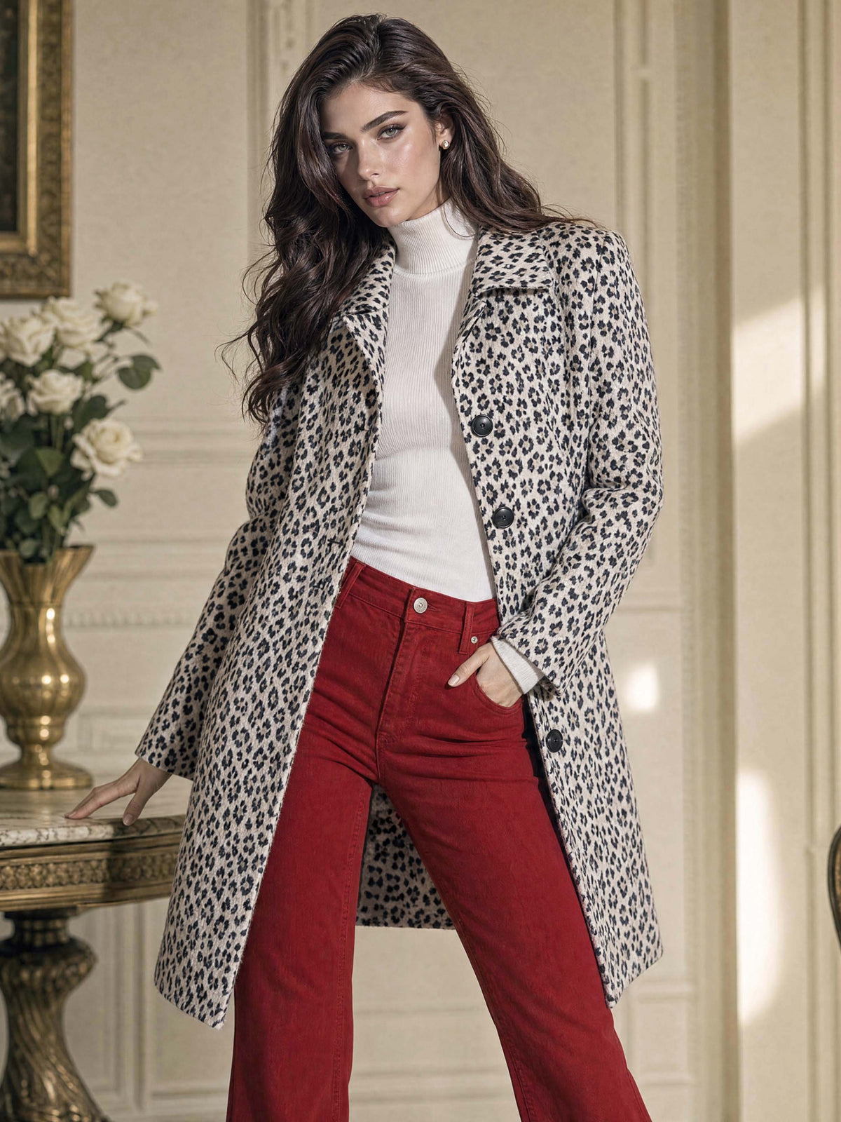 Retro Midi Leopard Print Women Wool‑Blend Coat