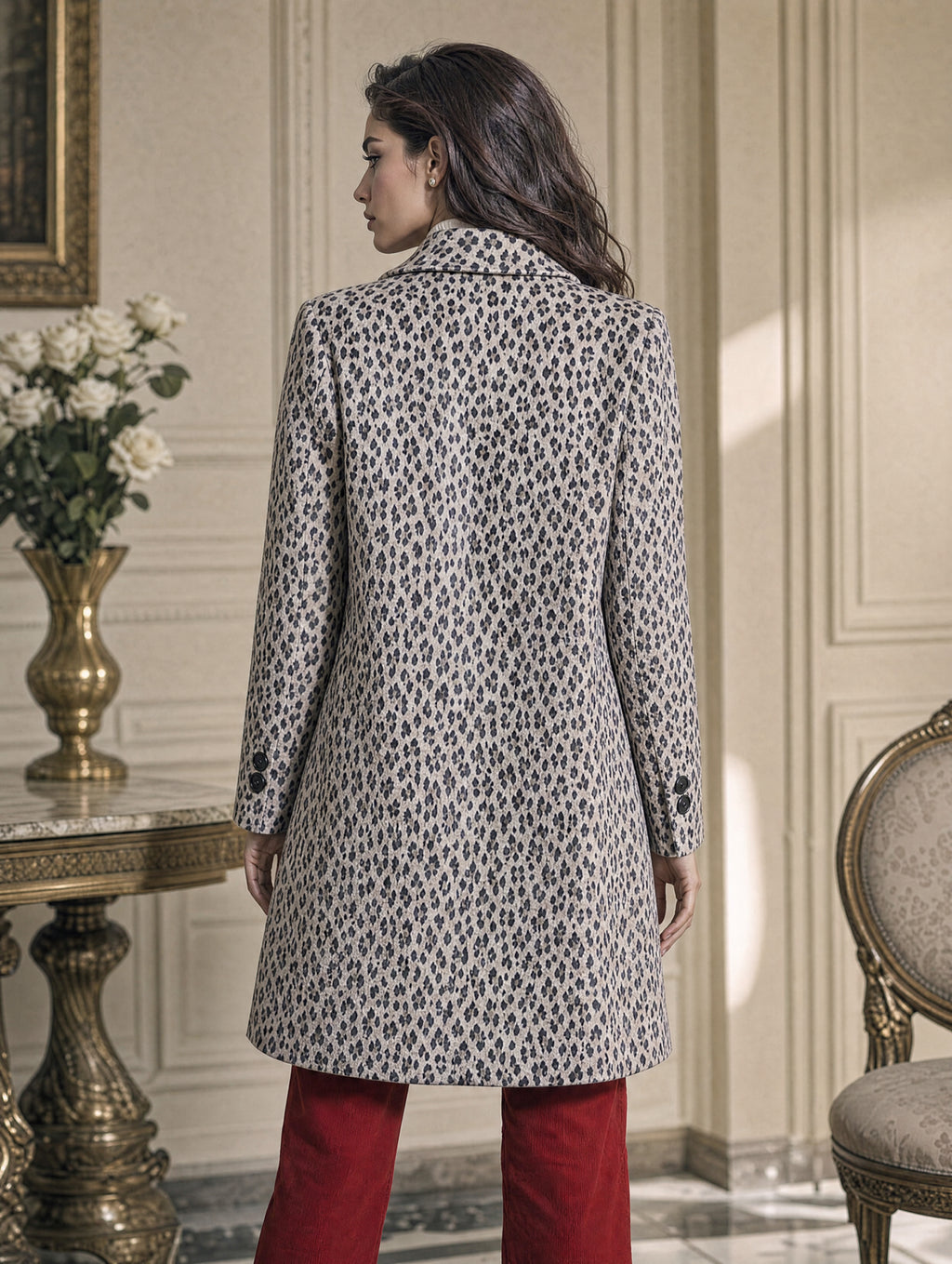 Retro Midi Leopard Print Women Wool‑Blend Coat
