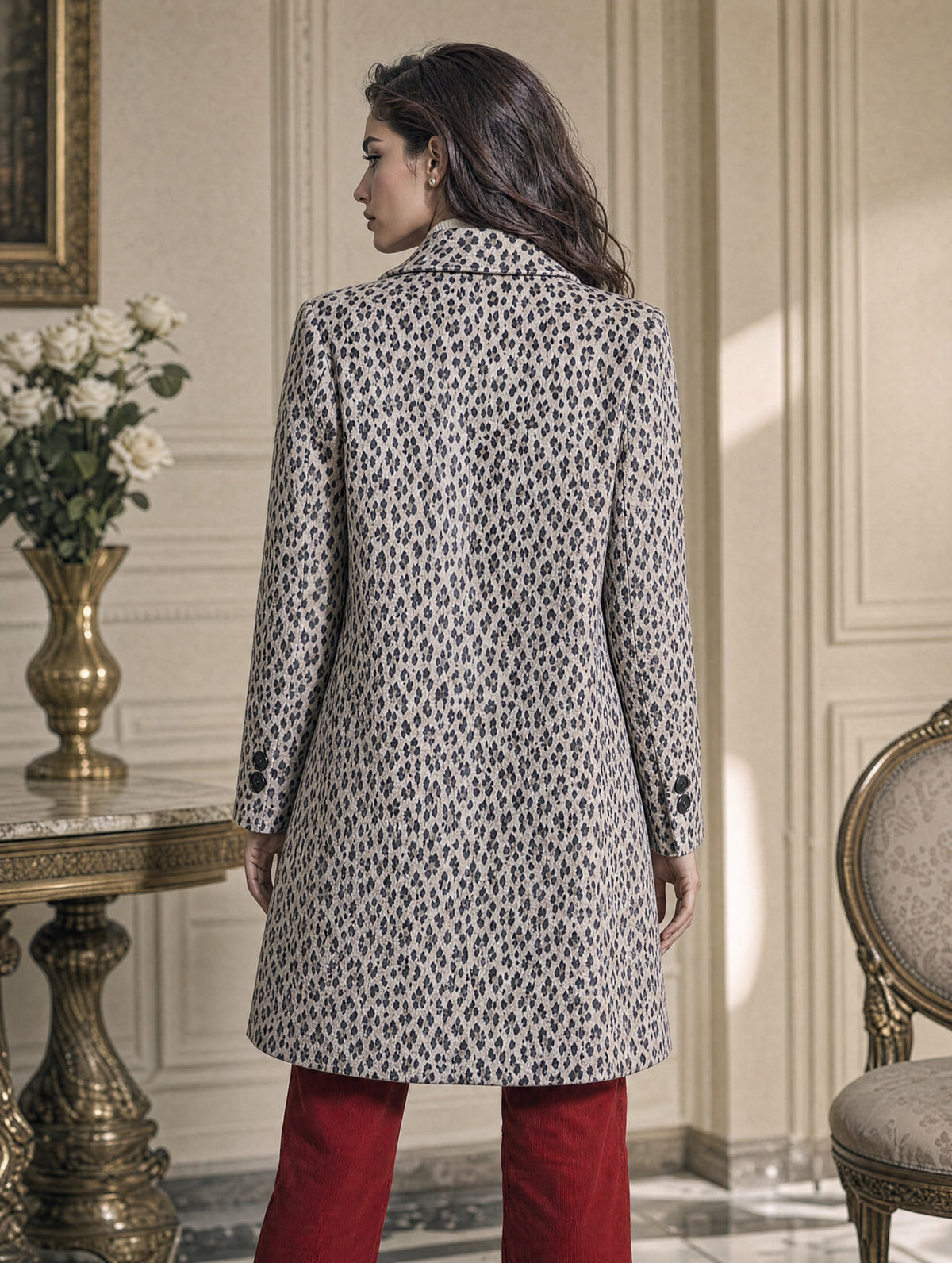 Retro Midi Leopard Print Women Wool‑Blend Coat